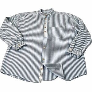 Lee Valley Ireland Grandfather  3XL Shirt  Blue Green Striped Collarless Button